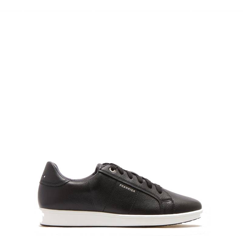 Black leather sneaker with white sole on a white background