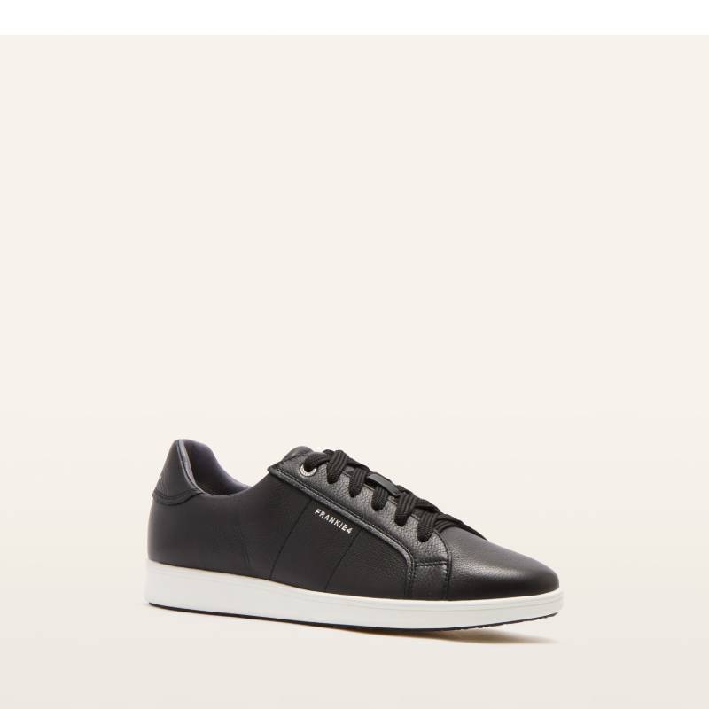 Black leather sneaker with white sole on a white background