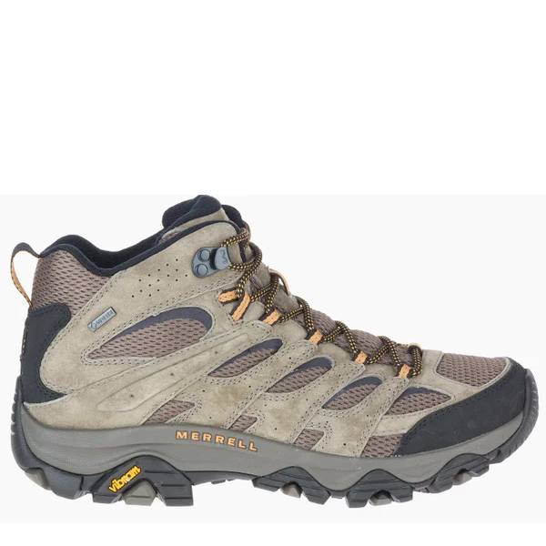 Brown hiking boot with black accents on a white background