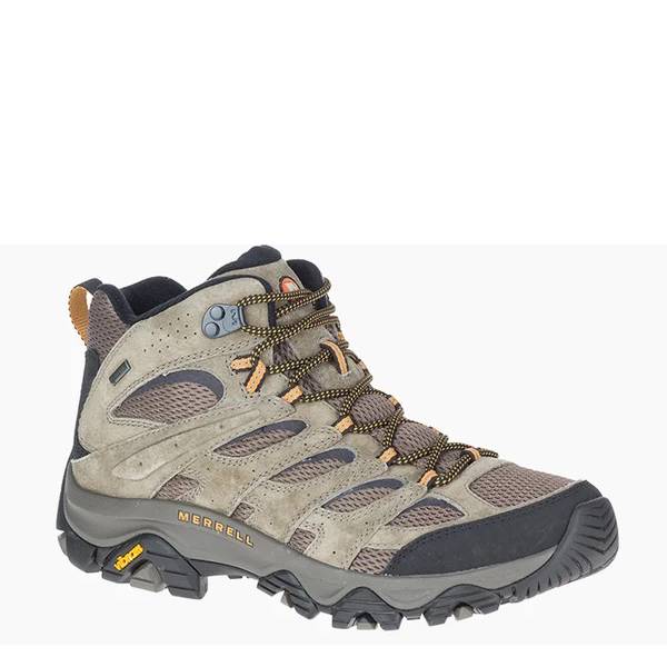 Brown hiking boot with black accents on a white background