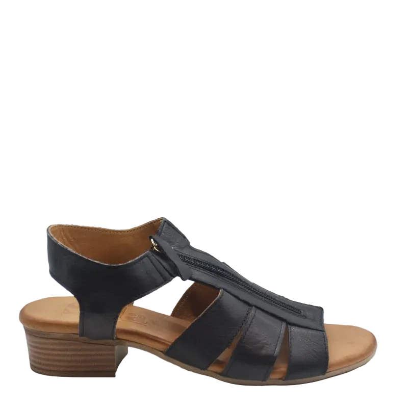 sala josy black leather womens sandal with zip
